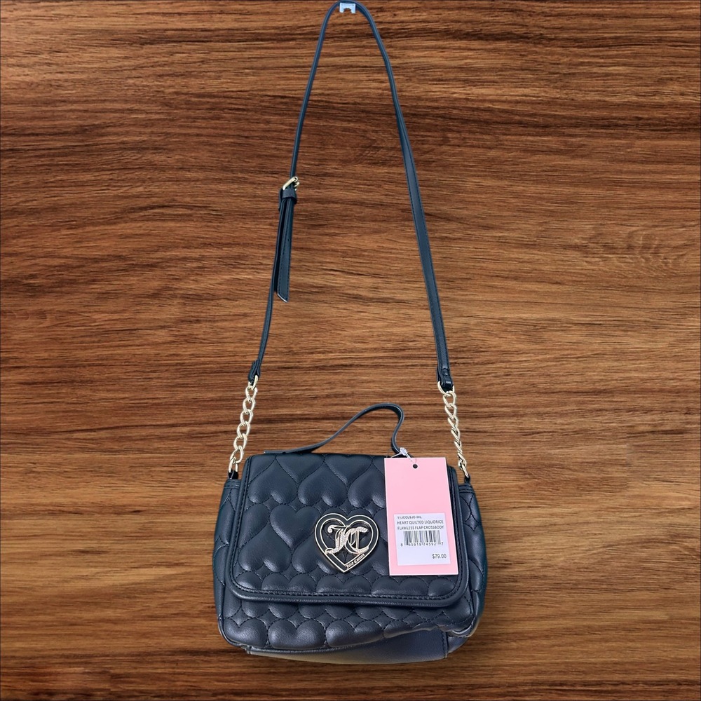 Juicy Couture Heart Quilted Black Flap Crossbody Bag Purse Gold Chain NWT‎ $79